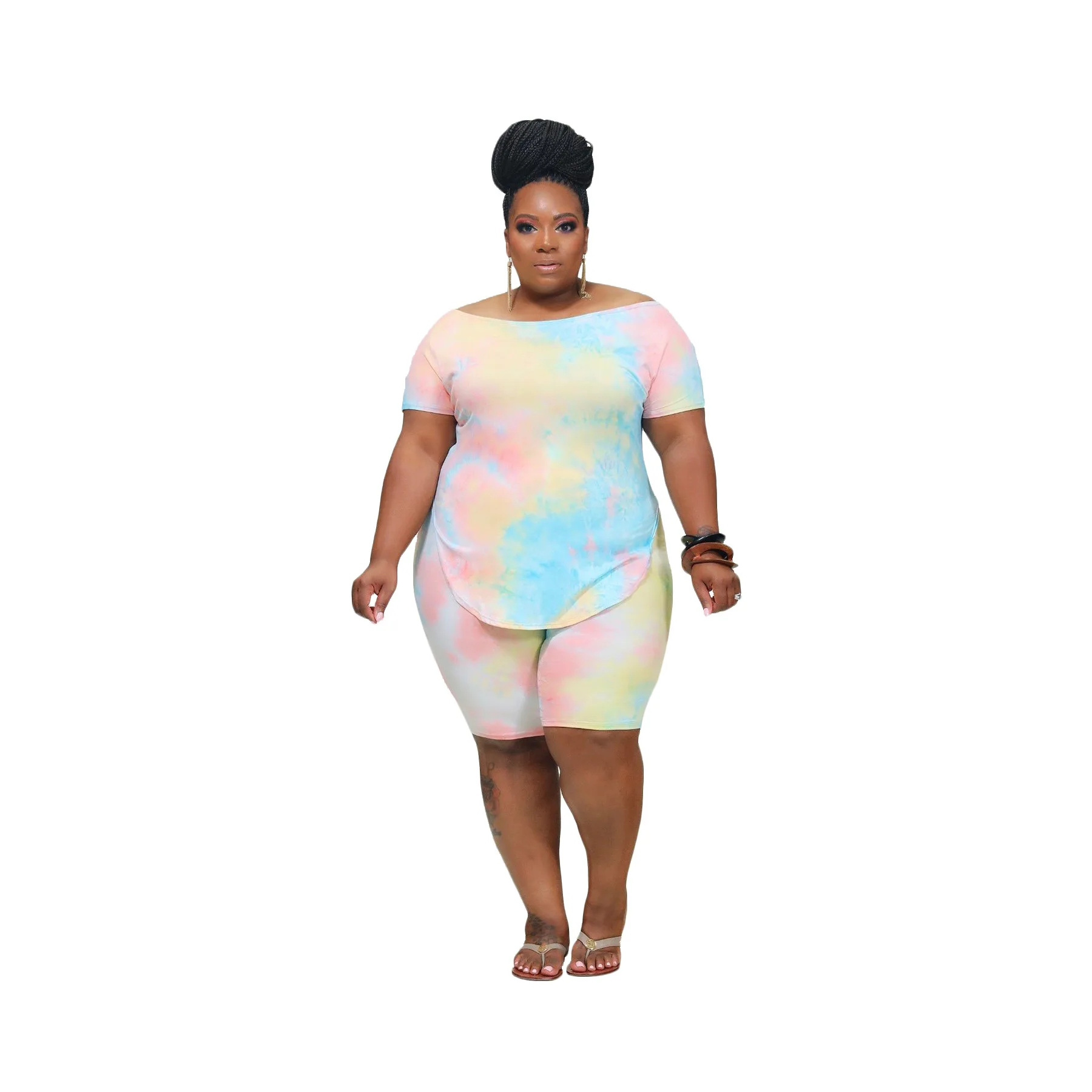 Dva Kus Plus Velikost Tie Dye Top a Šortky Set pro Ženy Letní 2020 Ovesized Oblečení 3xl 4xl 5xl Plus Oblečení Odpovídající soubor 3