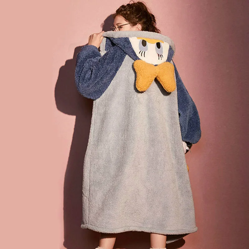 Dámské Pyžamo s Kapucí Košili Plyš Coral Fleece oblečení na Spaní Ženy, Podzimní a Zimní Oblečení Karikatura Kachny Zahustit Pijama 0