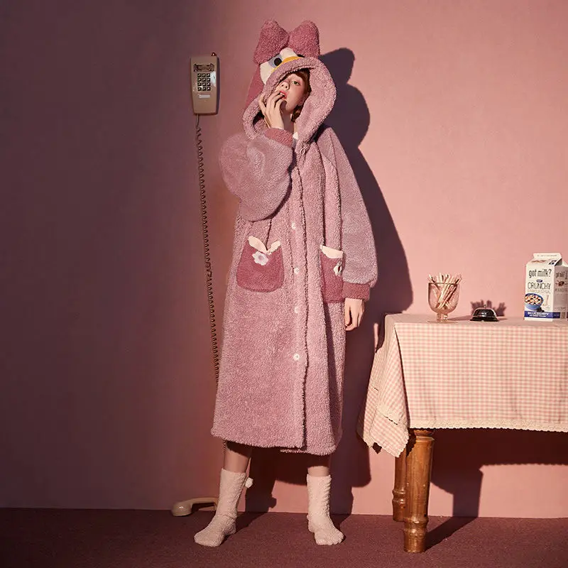 Dámské Pyžamo s Kapucí Košili Plyš Coral Fleece oblečení na Spaní Ženy, Podzimní a Zimní Oblečení Karikatura Kachny Zahustit Pijama 3