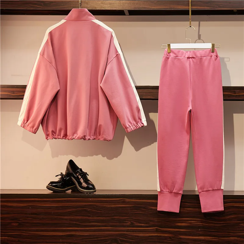 Dámské sportovní oblek Velké Plus Velikost Kabát Bunda tepláková souprava Mikina+kalhoty dvoudílný set Top A Kalhoty oblečení Odpovídající Růžový Set 3