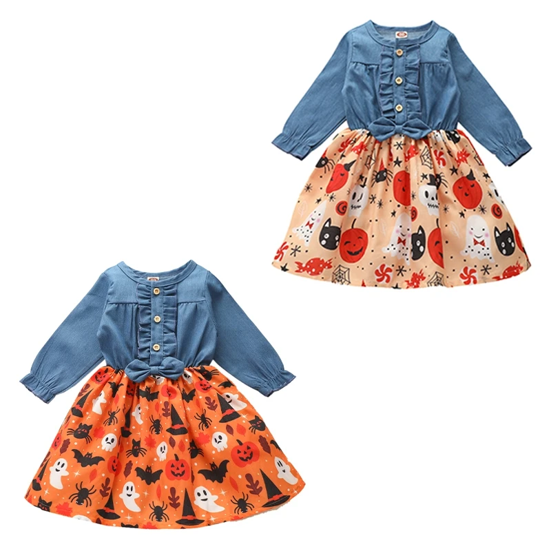 Dětské oblečení pro dívky girls fall šaty, dítě, děti, Halloween šaty dívky dlouhý rukáv modré šaty s dýní print#1 2