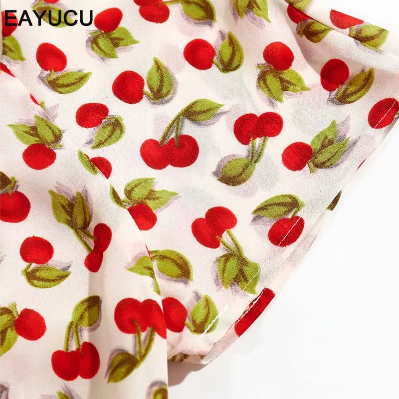 EAYUCU Elegantní cherry tisk šaty ženy 2020 léto vysoký pasu s hlubokým výstřihem luk mini šaty dámské francouzský styl vestidos ED219 3