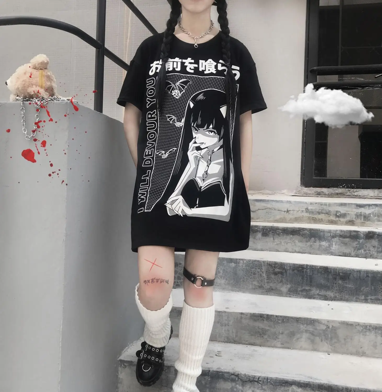 Fitshinling Harajuku Gotické T Shirt Ženy 2019 Tisknout Tmavé Dlouhé Topy Ženy Černá Grunge Volné Punk T-Shirt Femme Módní Prodej 0