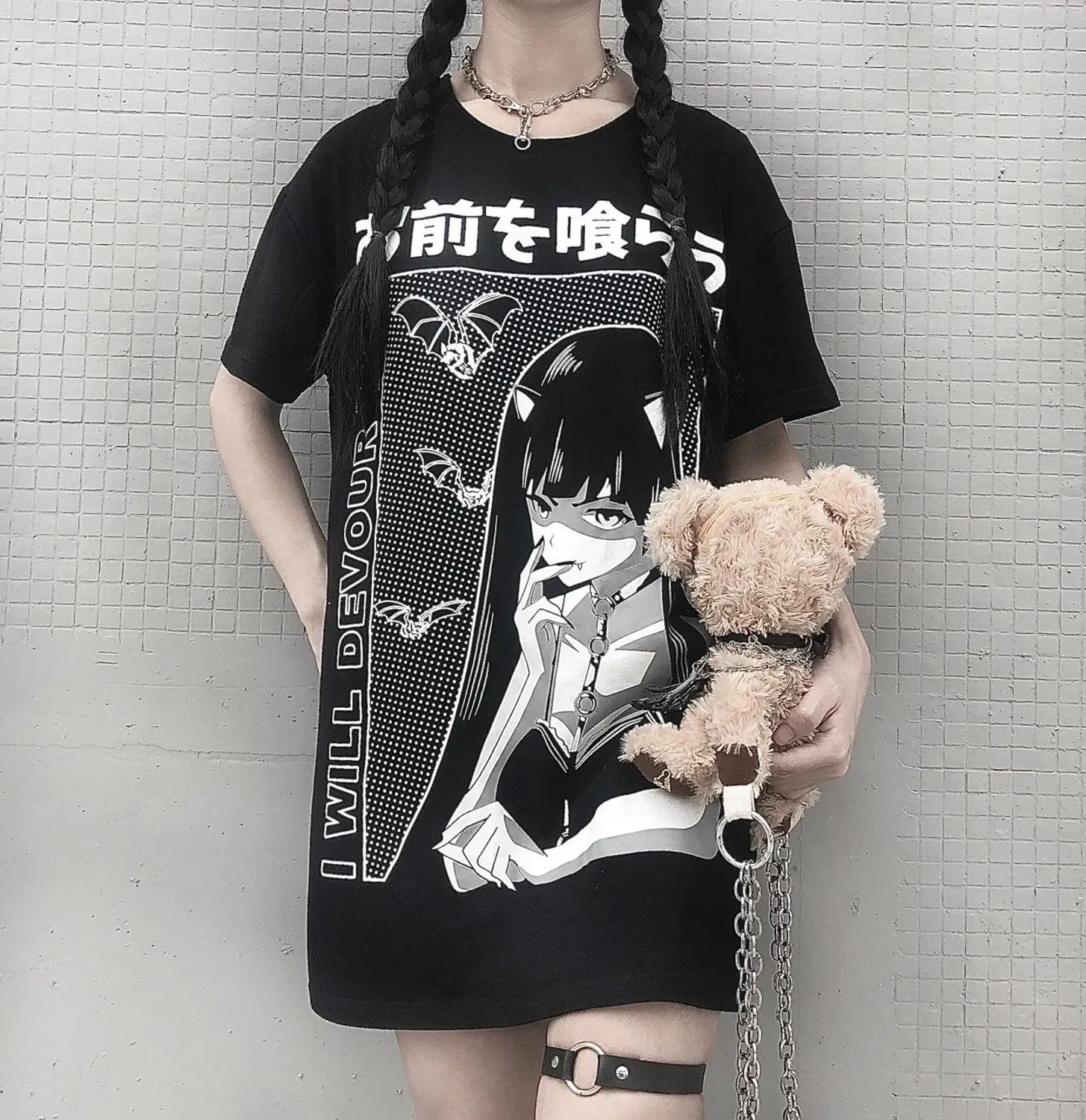 Fitshinling Harajuku Gotické T Shirt Ženy 2019 Tisknout Tmavé Dlouhé Topy Ženy Černá Grunge Volné Punk T-Shirt Femme Módní Prodej 1