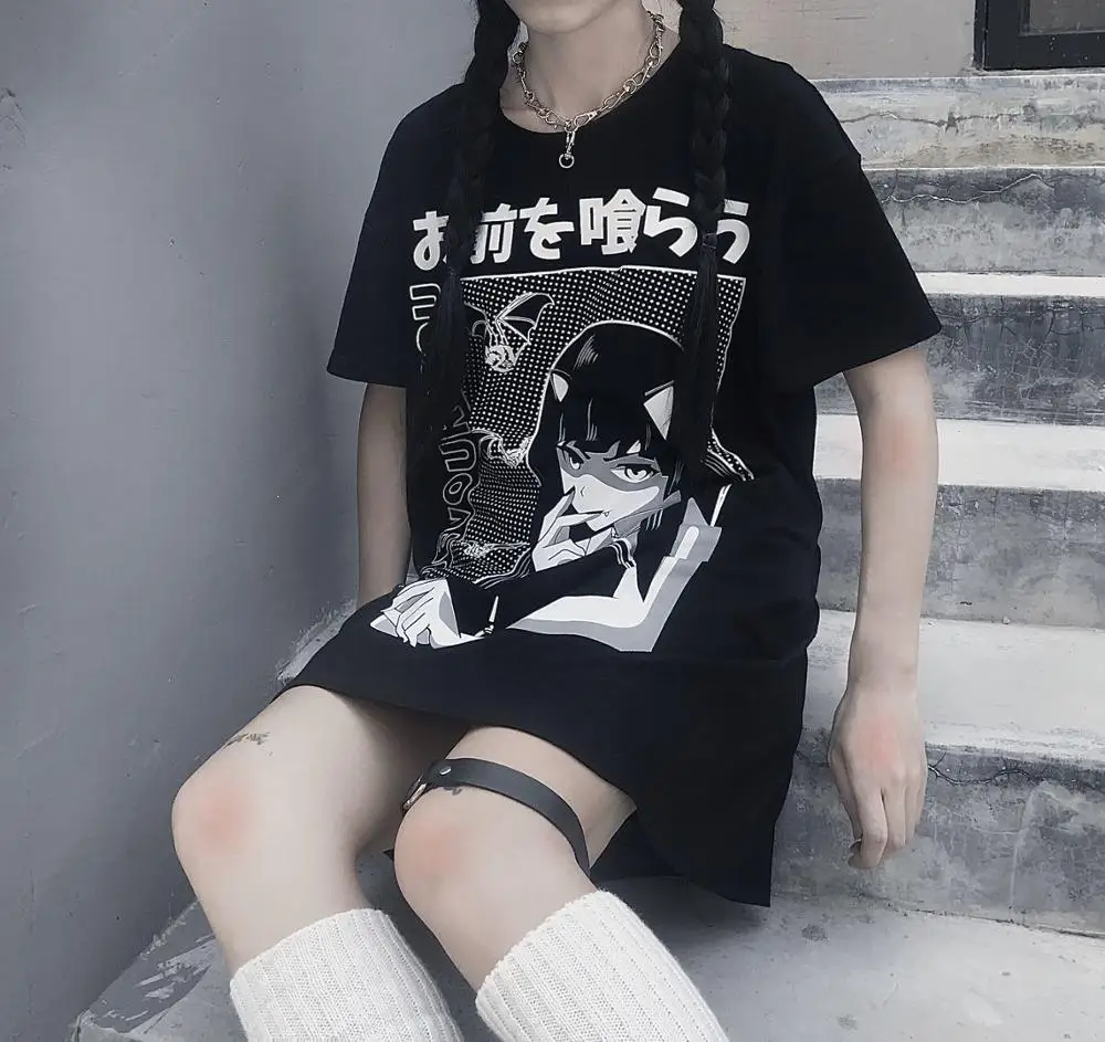 Fitshinling Harajuku Gotické T Shirt Ženy 2019 Tisknout Tmavé Dlouhé Topy Ženy Černá Grunge Volné Punk T-Shirt Femme Módní Prodej 2