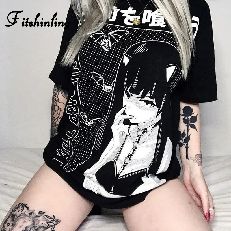 Fitshinling Harajuku Gotické T Shirt Ženy 2019 Tisknout Tmavé Dlouhé Topy Ženy Černá Grunge Volné Punk T-Shirt Femme Módní Prodej 4