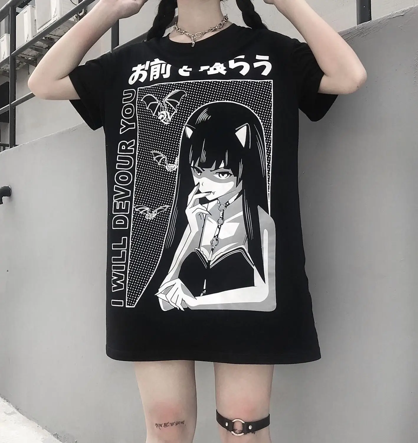 Fitshinling Harajuku Gotické T Shirt Ženy 2019 Tisknout Tmavé Dlouhé Topy Ženy Černá Grunge Volné Punk T-Shirt Femme Módní Prodej 5
