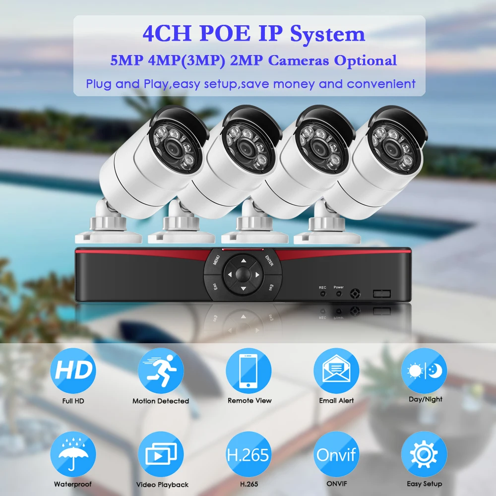 Gadinan 5.0 MP 4CH POE NVR Kit H. 265 CCTV Bezpečnostní Systém 5MP 3MP Vodotěsné Audio Mic IP Kamera Venkovní Video Dohled, Nastavit 0