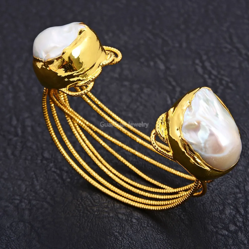 GG Šperky Kultivované Bílé Keshi Perlový Náramek 24 K Pozlacený Náramek 0
