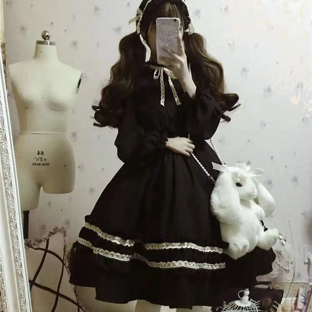 Gothic Vintage Lolita Šaty Ženy Japonském Stylu Paláce Princezna Šaty Lucerna Rukáv Roztomilé Kawaii Strana Oblečení Sladký Kostým 0