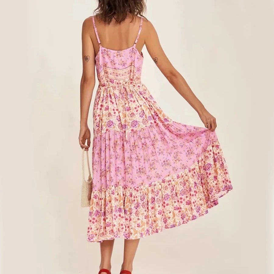 GypsyLady Růžové Květinové Strappy Šaty Letní Dovolená Sexy Ženy Šaty V-neck s hlubokým Výstřihem Volánky Lady Ženy Dlouhé Šaty 2021 Nové 4
