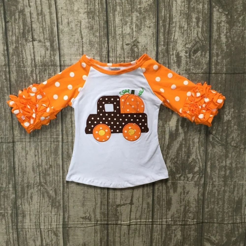 Halloween dítě dívky boutique top t-košile trucker dýně oblečení námrazy rukáv bavlna děti raglans orange polka dot volánky 0