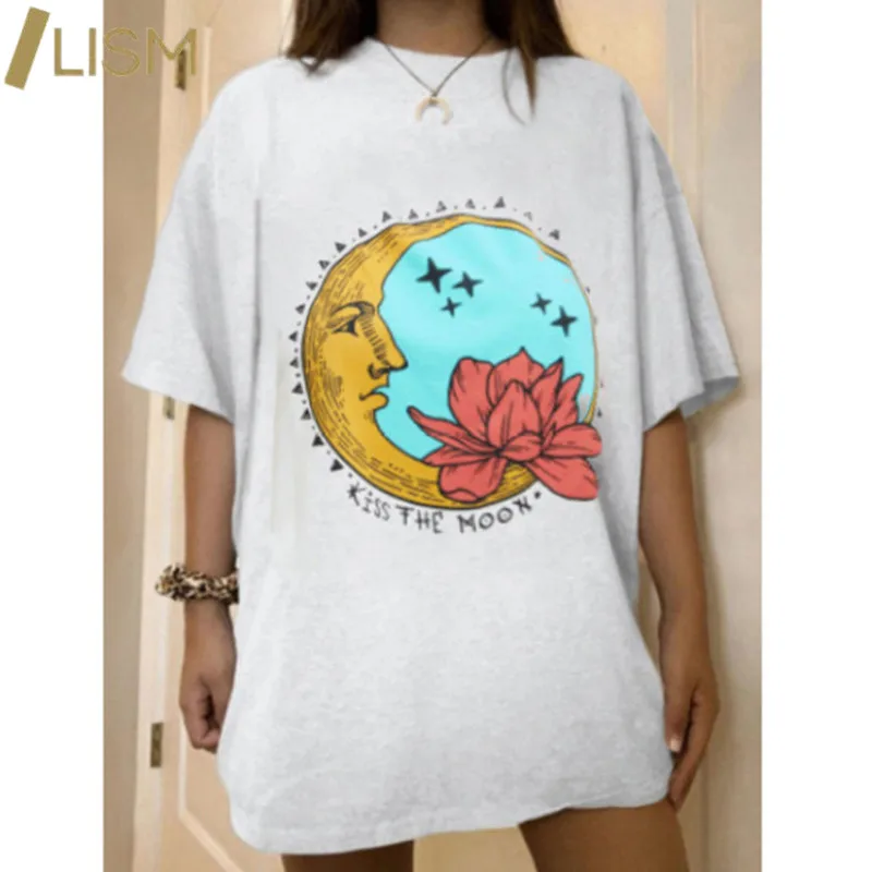 Harajuku Grafické T Košile Letní Y2k T-shirt Růžové Modrý Dopis Tisk Ženy Auto Měsíc Vzor Krátký Rukáv Tričko Žena Top 4