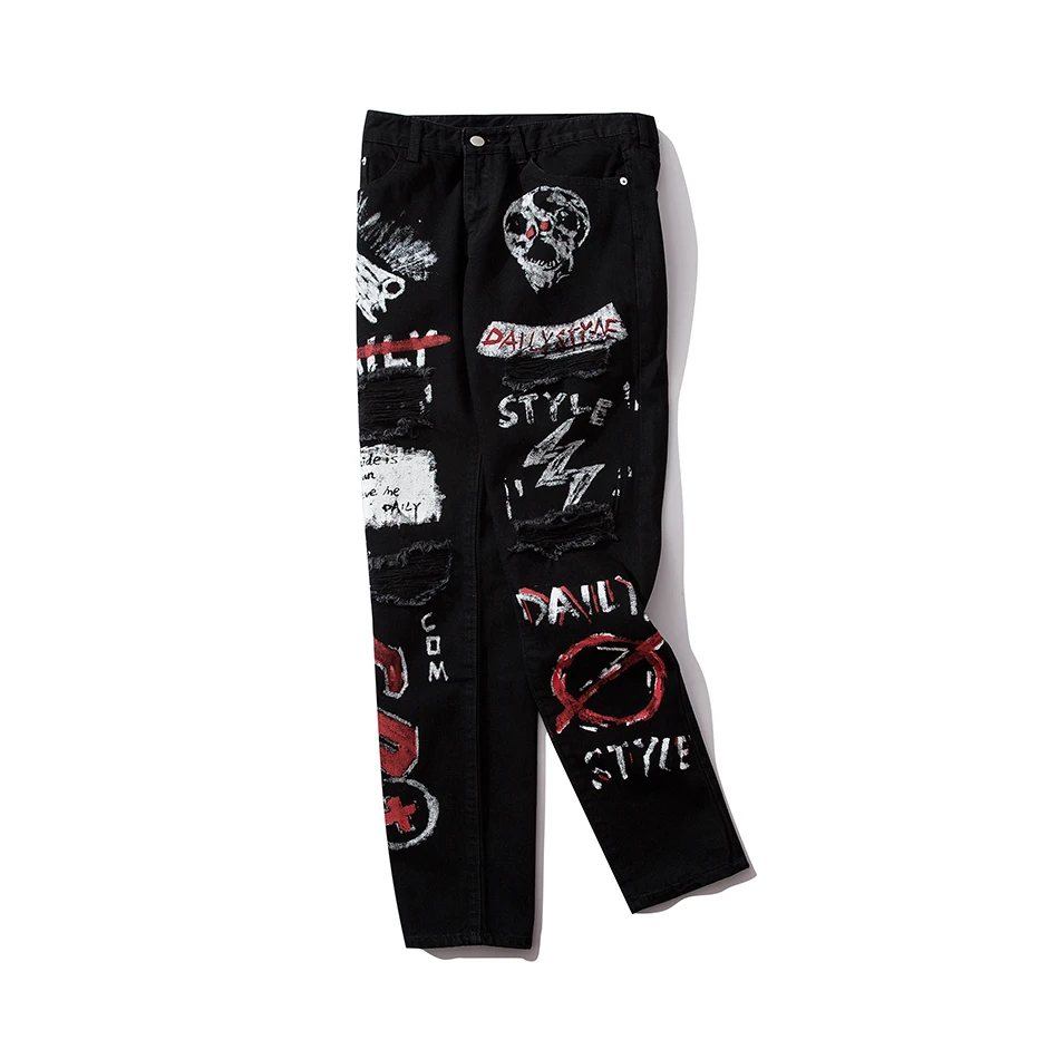 High Street Díry, Retro, Graffiti Black Skull Jeans Pánské Originální Rovný Slim Punk Kalhoty Calca Masculina Džínové Kalhoty 1