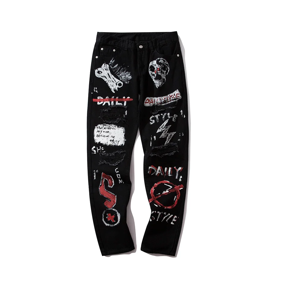 High Street Díry, Retro, Graffiti Black Skull Jeans Pánské Originální Rovný Slim Punk Kalhoty Calca Masculina Džínové Kalhoty 2