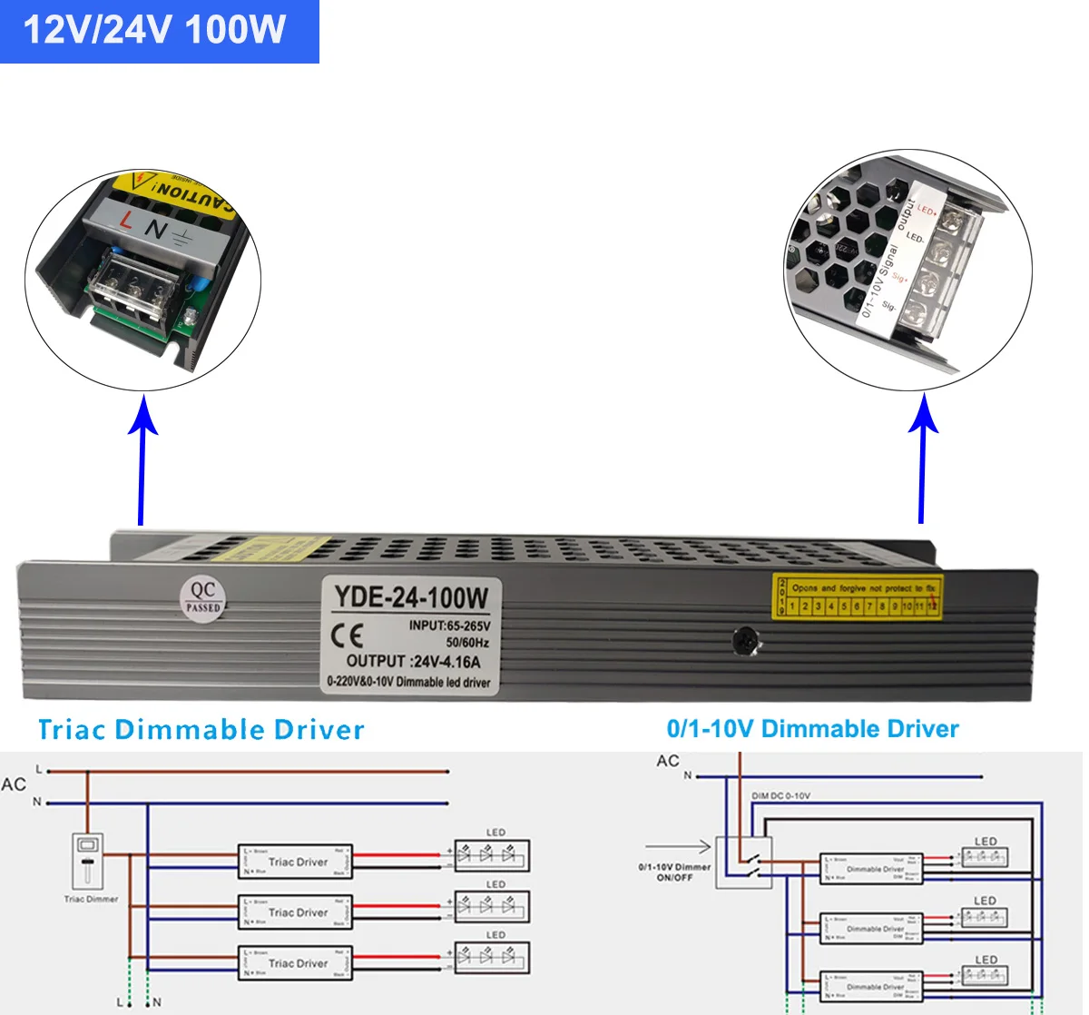 Hliníkové shell AC 220V 240V Stmívatelné LED Driver DC12V/24V 60W 100W Triak a 0-10V Stmívání 2v1 Napájení Osvětlení Transformátor 3