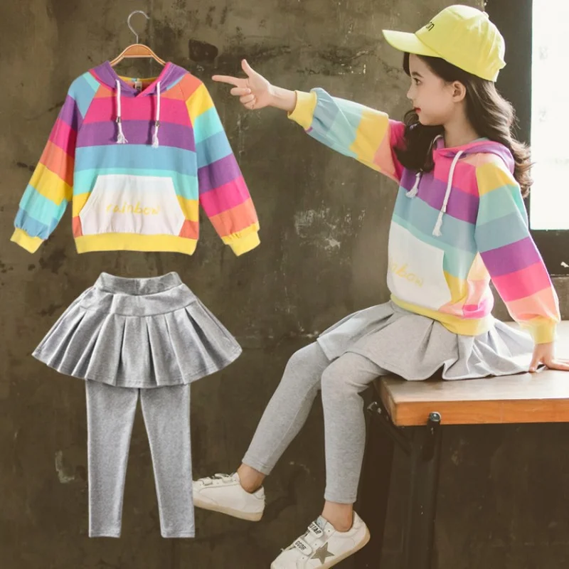Hot 2019 Jaře a na Podzim Batole Dívky Soupravy Oblečení Děti, Oblečení s Kapucí Rainbow Pruhovaný Kabát Top Solid Šedé Legíny 2ks 0