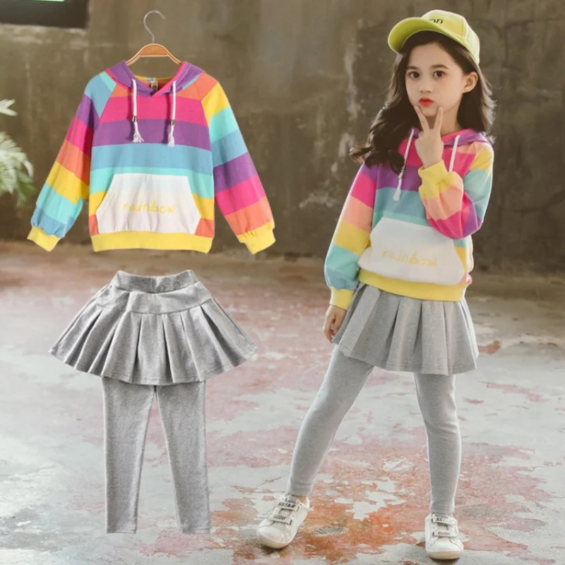 Hot 2019 Jaře a na Podzim Batole Dívky Soupravy Oblečení Děti, Oblečení s Kapucí Rainbow Pruhovaný Kabát Top Solid Šedé Legíny 2ks 3