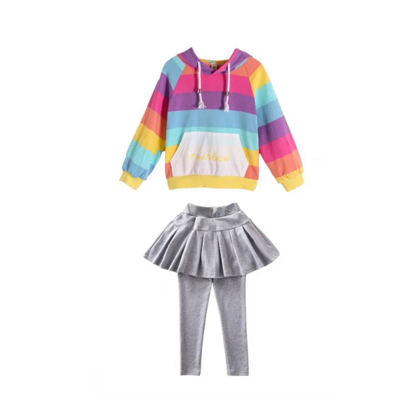 Hot 2019 Jaře a na Podzim Batole Dívky Soupravy Oblečení Děti, Oblečení s Kapucí Rainbow Pruhovaný Kabát Top Solid Šedé Legíny 2ks 5