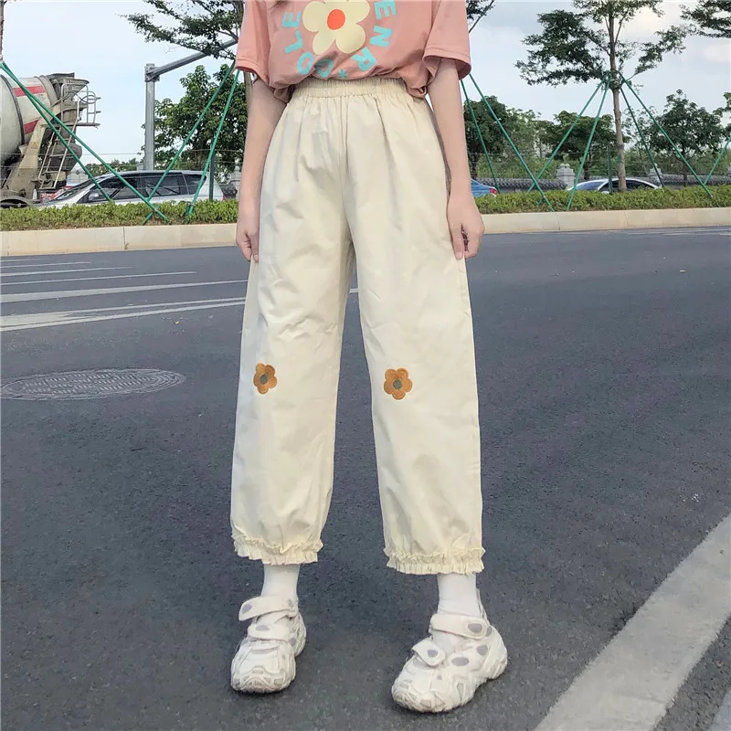 Japonské Kawaii Ženy Měkké Dívka Kalhoty Volné Tenké Karikatura Květinové Výšivky Kalhoty Elastický Pas Ležérní Roztomilé Volánky Rovné Kalhoty 0