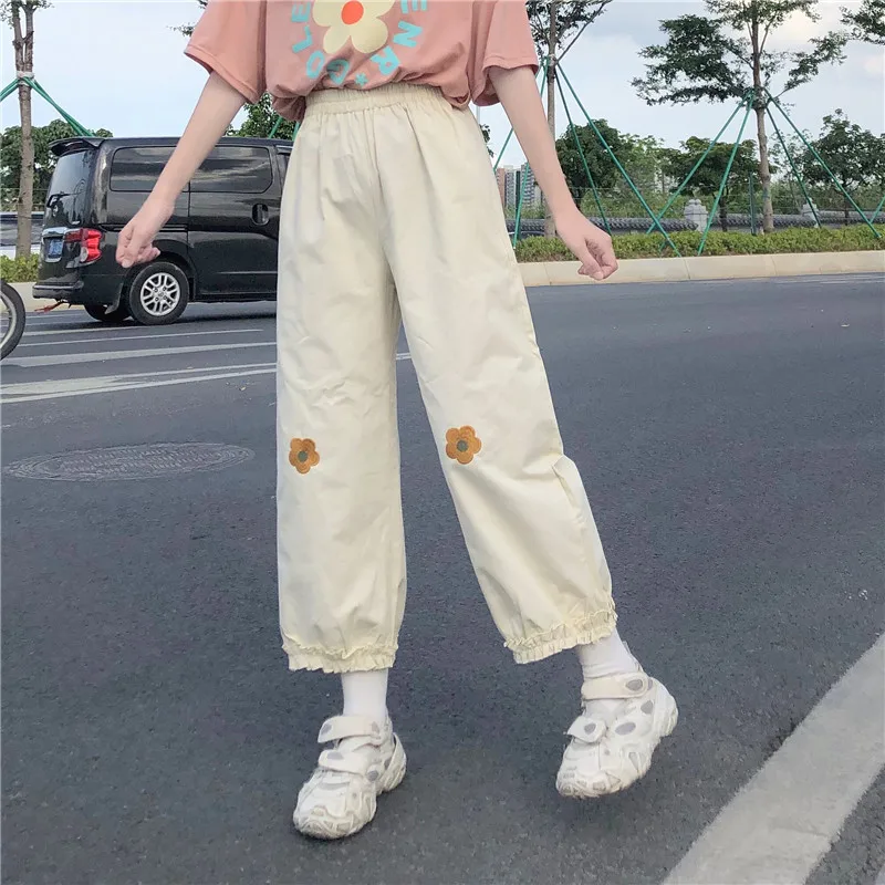 Japonské Kawaii Ženy Měkké Dívka Kalhoty Volné Tenké Karikatura Květinové Výšivky Kalhoty Elastický Pas Ležérní Roztomilé Volánky Rovné Kalhoty 2