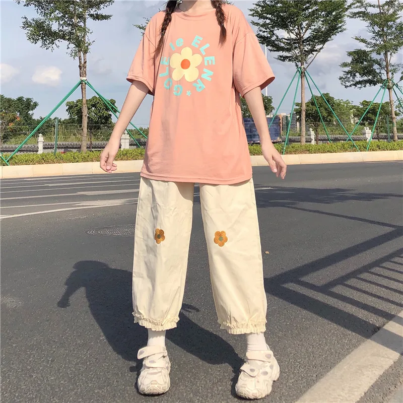 Japonské Kawaii Ženy Měkké Dívka Kalhoty Volné Tenké Karikatura Květinové Výšivky Kalhoty Elastický Pas Ležérní Roztomilé Volánky Rovné Kalhoty 3