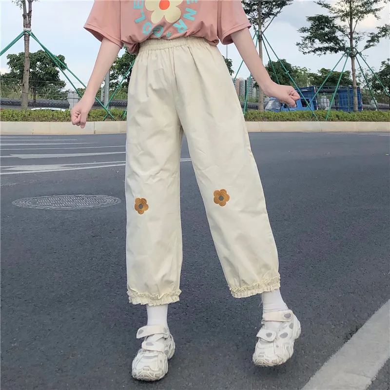 Japonské Kawaii Ženy Měkké Dívka Kalhoty Volné Tenké Karikatura Květinové Výšivky Kalhoty Elastický Pas Ležérní Roztomilé Volánky Rovné Kalhoty 4