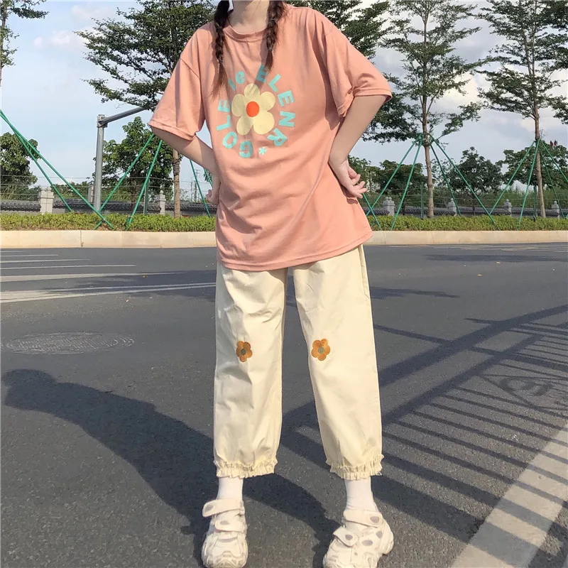 Japonské Kawaii Ženy Měkké Dívka Kalhoty Volné Tenké Karikatura Květinové Výšivky Kalhoty Elastický Pas Ležérní Roztomilé Volánky Rovné Kalhoty 5