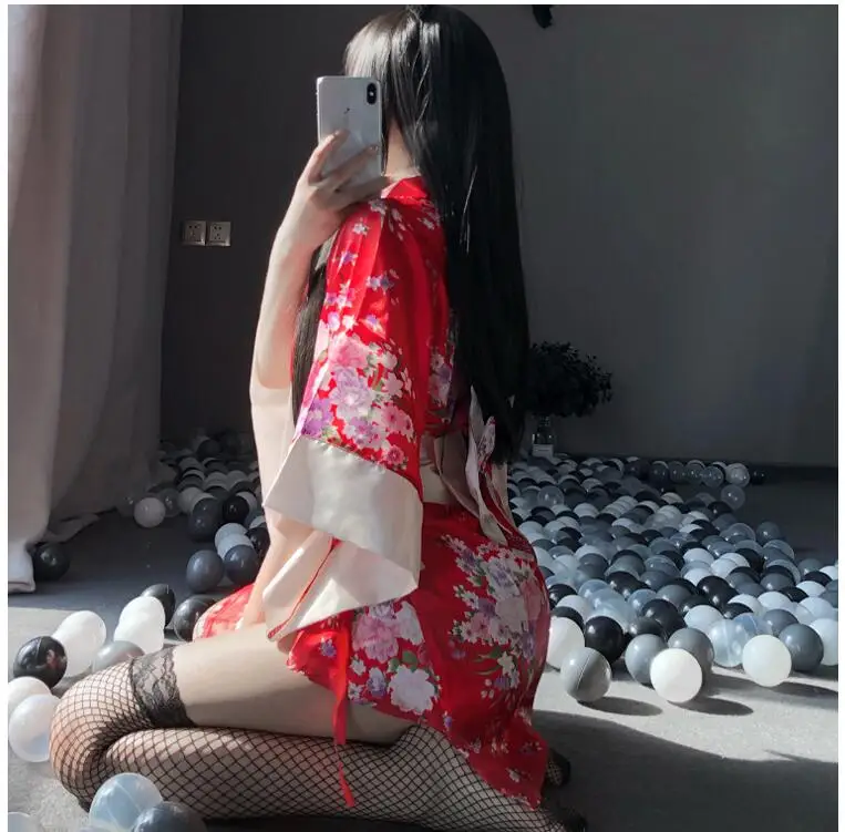 Japonské Kimono Sexy Cosplay Kostýmy, spodní Prádlo, Oblečení pro Ženy, Tradiční Styl Župan Yukata Pyžama Měkký Hedvábný Pás Černá Červená 1