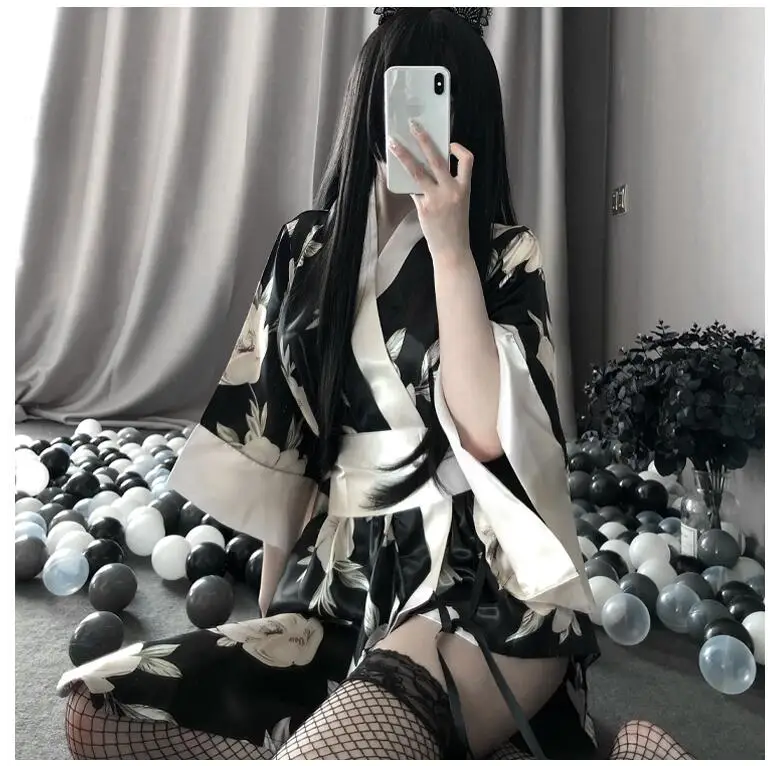 Japonské Kimono Sexy Cosplay Kostýmy, spodní Prádlo, Oblečení pro Ženy, Tradiční Styl Župan Yukata Pyžama Měkký Hedvábný Pás Černá Červená 2