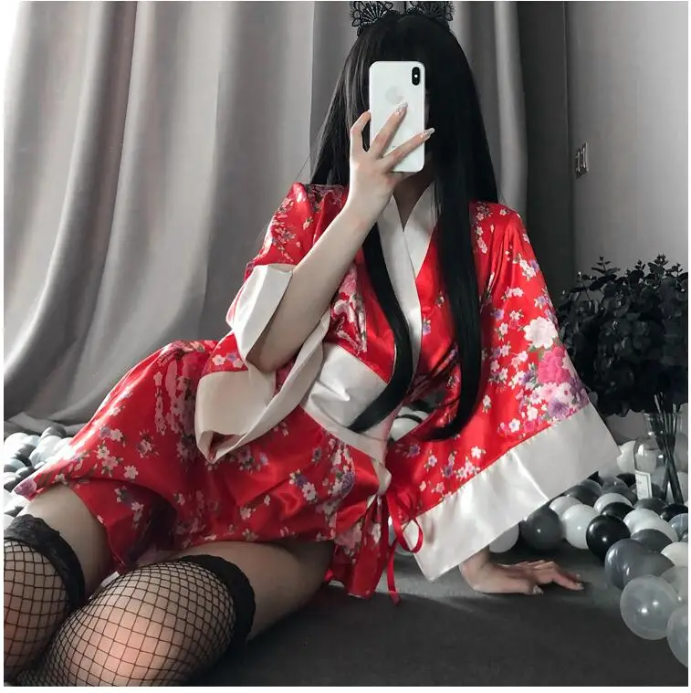 Japonské Kimono Sexy Cosplay Kostýmy, spodní Prádlo, Oblečení pro Ženy, Tradiční Styl Župan Yukata Pyžama Měkký Hedvábný Pás Černá Červená 3