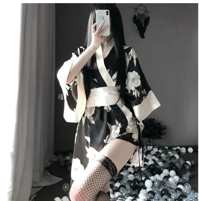 Japonské Kimono Sexy Cosplay Kostýmy, spodní Prádlo, Oblečení pro Ženy, Tradiční Styl Župan Yukata Pyžama Měkký Hedvábný Pás Černá Červená 4