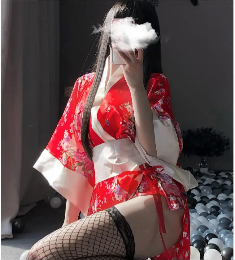 Japonské Kimono Sexy Cosplay Kostýmy, spodní Prádlo, Oblečení pro Ženy, Tradiční Styl Župan Yukata Pyžama Měkký Hedvábný Pás Černá Červená 5