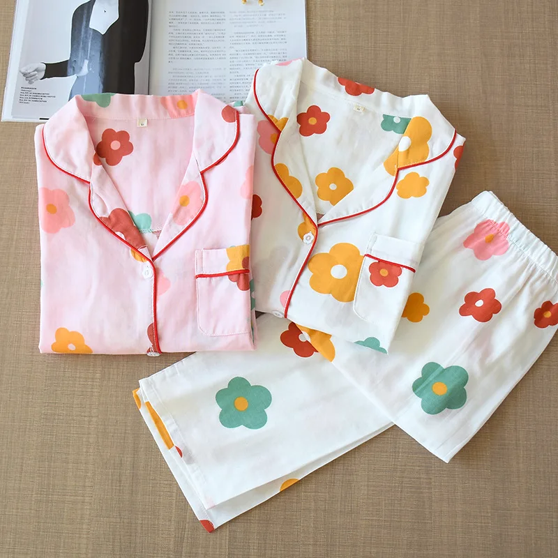 Japonské nové jarní a podzimní dámské bavlněné gázy pyžamo s dlouhým rukávem kalhoty květiny roztomilé pyžamo set home service žen 0