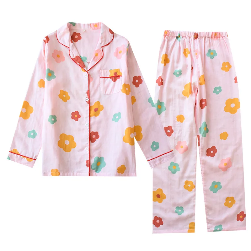 Japonské nové jarní a podzimní dámské bavlněné gázy pyžamo s dlouhým rukávem kalhoty květiny roztomilé pyžamo set home service žen 1