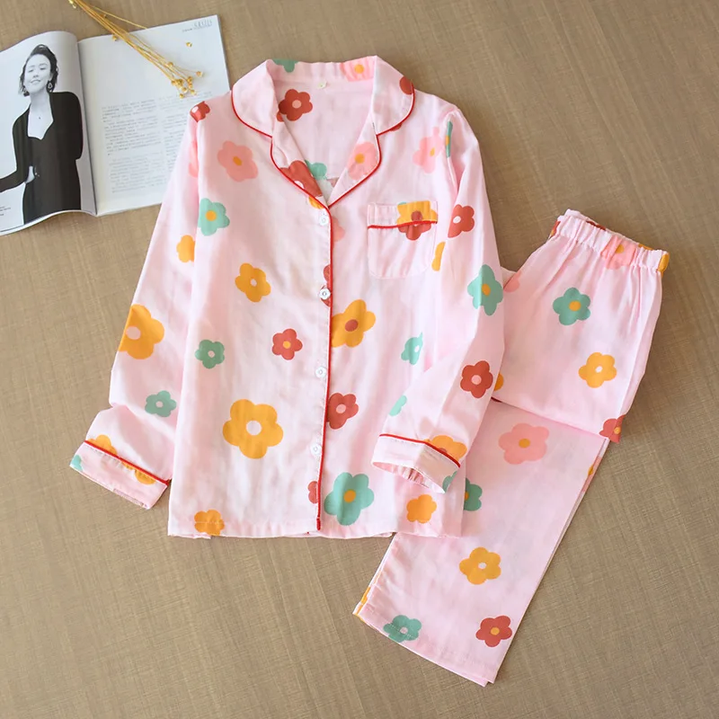 Japonské nové jarní a podzimní dámské bavlněné gázy pyžamo s dlouhým rukávem kalhoty květiny roztomilé pyžamo set home service žen 4