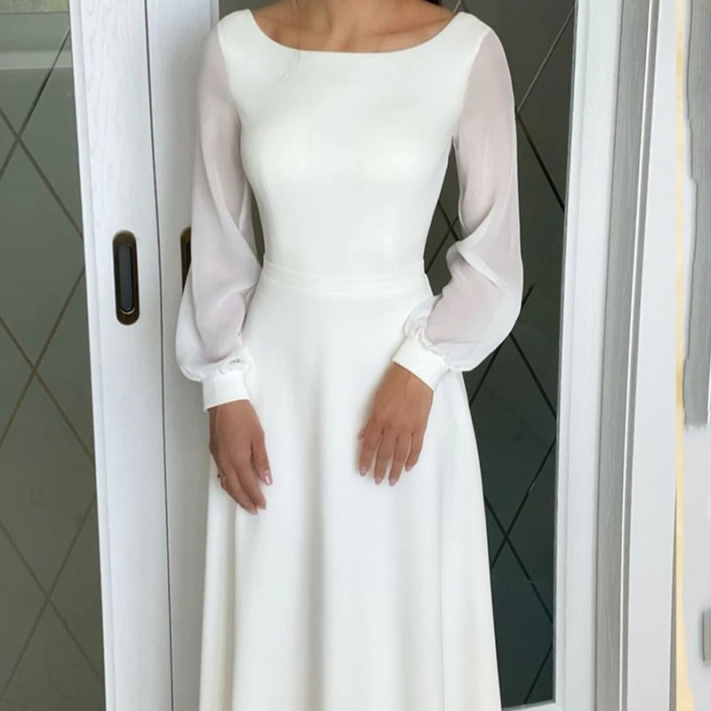 Jednoduchý Dlouhý Rukáv Plain Šifon svatební šaty Délka Podlahy Svatební Šaty Robe De Mariee Jednoduché Bílé Pláže Scoop Elegantní Zip 0