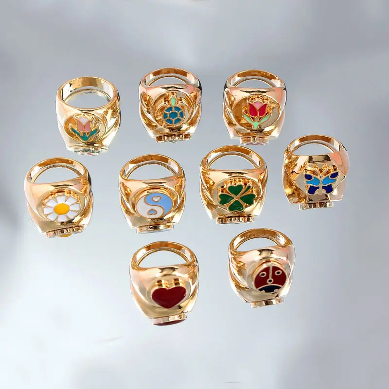 JEN POCIT Malé Čerstvé Daisy Tulipán Květina Smalt Prsteny Pro Ženy Zlatá Barva Kovu Želva Motýl Zvíře Elegantní Prsten Šperky 4