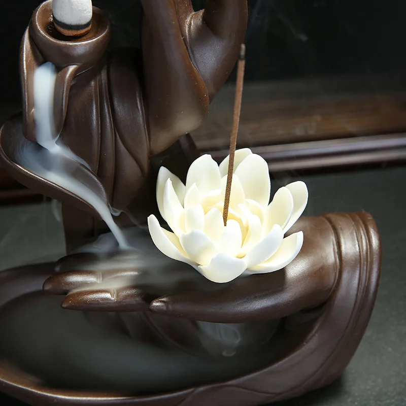 Keramické Elegantní Buddha Ruku Lotus kadidelnicí Zen Home Decor Zpětná Kadidlo Hořák s 20 Ks Kadidlo Kužele 2