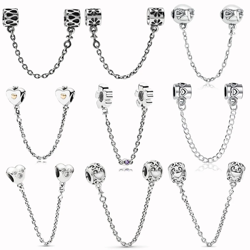 Klasické 925 Sterling Silver 9 Typů Bezpečnostního Řetězce Korálky Přívěsky fit Originální Pandora Náramky Ženy DIY Šperky 2