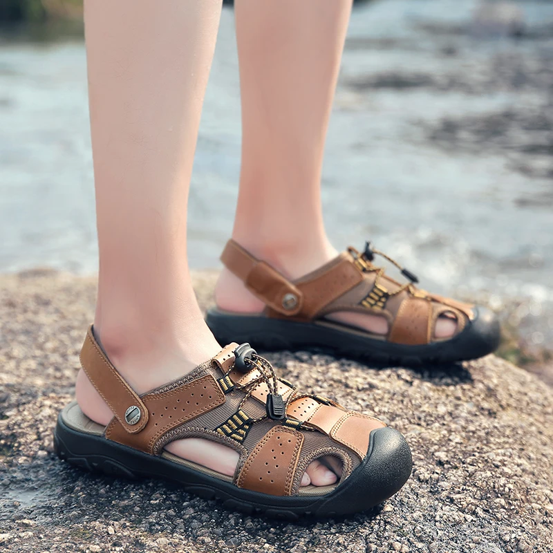 Klasické Vysoce kvalitní hovězí Kůže Sandály Letní Venkovní Ručně vyráběné Muži Sandály Módní Pohodlné Muži Beach kožené boty size48 3