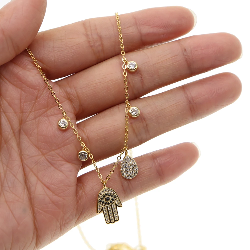 Klasický šarm náhrdelníky zlaté barvy 925 sterling silver hamsa ruka kapka vody cz kouzlo jemné ženy náhrdelník 2