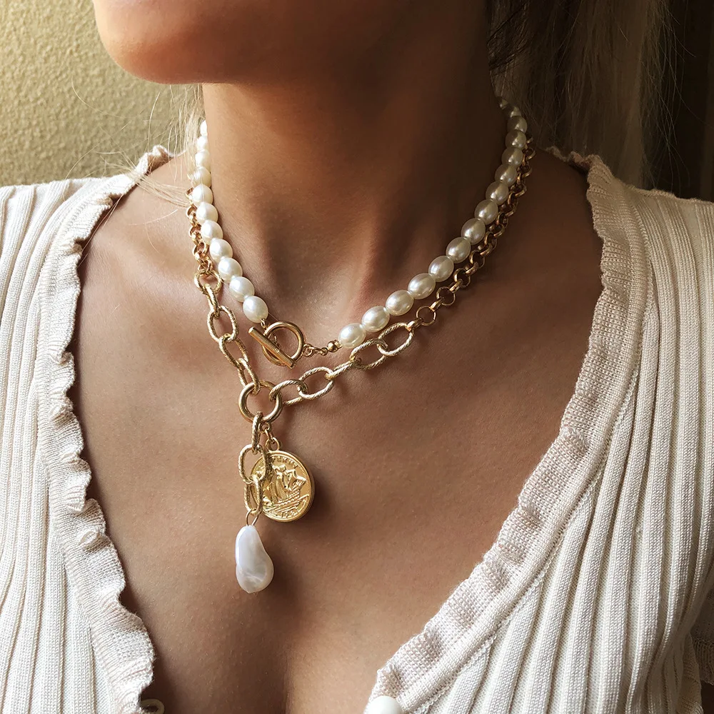 KMVEXO 2020 Nový Ročník Barokní Perlový Přívěsek Náhrdelníky Vyřezávané Mince Pearl Klíční kost Řetěz Náhrdelník Pro Ženy Přepnout Punk Šperky 1
