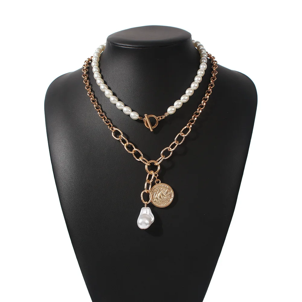 KMVEXO 2020 Nový Ročník Barokní Perlový Přívěsek Náhrdelníky Vyřezávané Mince Pearl Klíční kost Řetěz Náhrdelník Pro Ženy Přepnout Punk Šperky 2