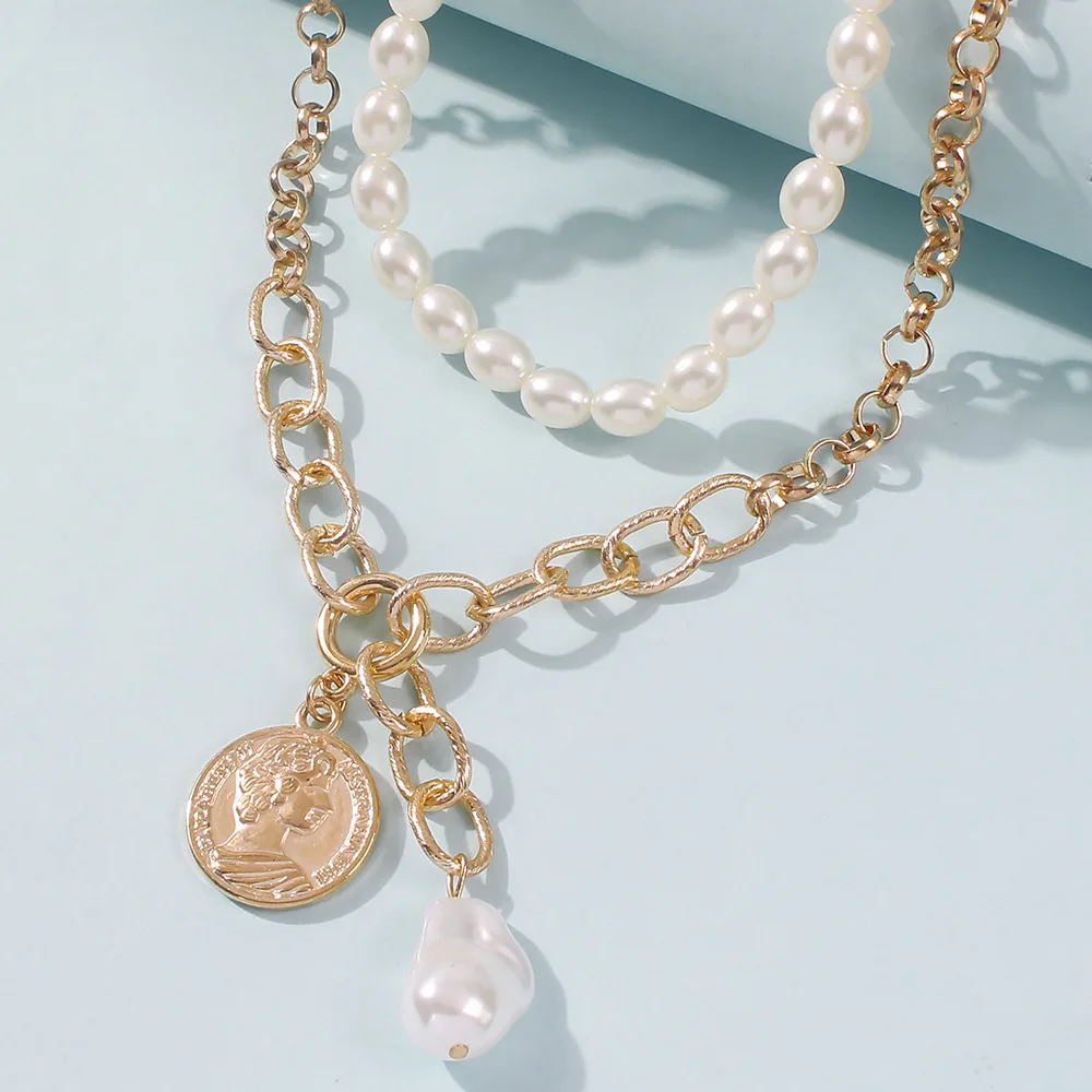 KMVEXO 2020 Nový Ročník Barokní Perlový Přívěsek Náhrdelníky Vyřezávané Mince Pearl Klíční kost Řetěz Náhrdelník Pro Ženy Přepnout Punk Šperky 4