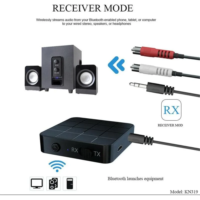 KN321 BT 5.0 Audio Přijímač Vysílač AUX RCA, 3.5 MM, 3.5 Jack, USB Hudba Stereo Bezdrátové Adaptéry Klíč Pro Auto, TV, PC Speaker 5