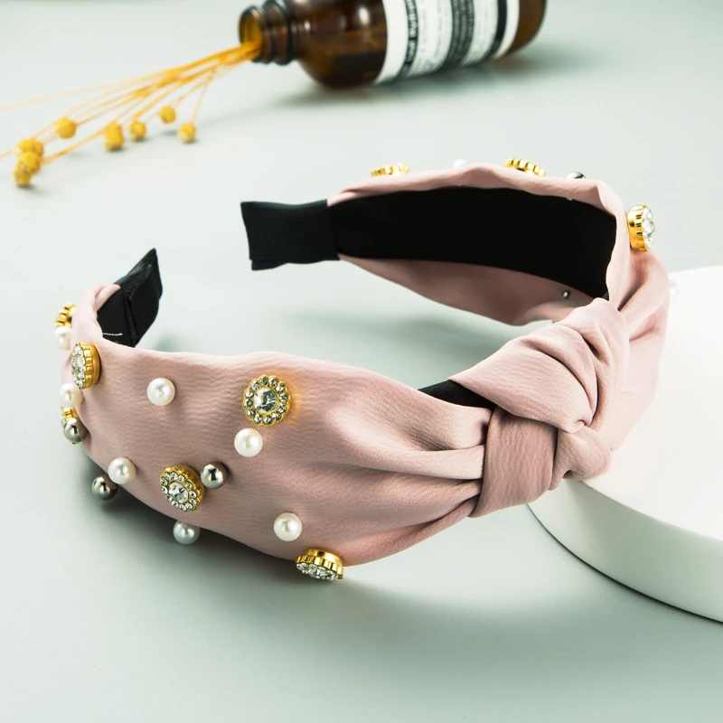 Korejský Elegantní Velký Bowknot Simulované Pearl Čelenka Vintage Jiskřivý Drahokamu Čalouněný Jednobarevné Tkaniny Čelenka Dívka Vlasy Hoop 1