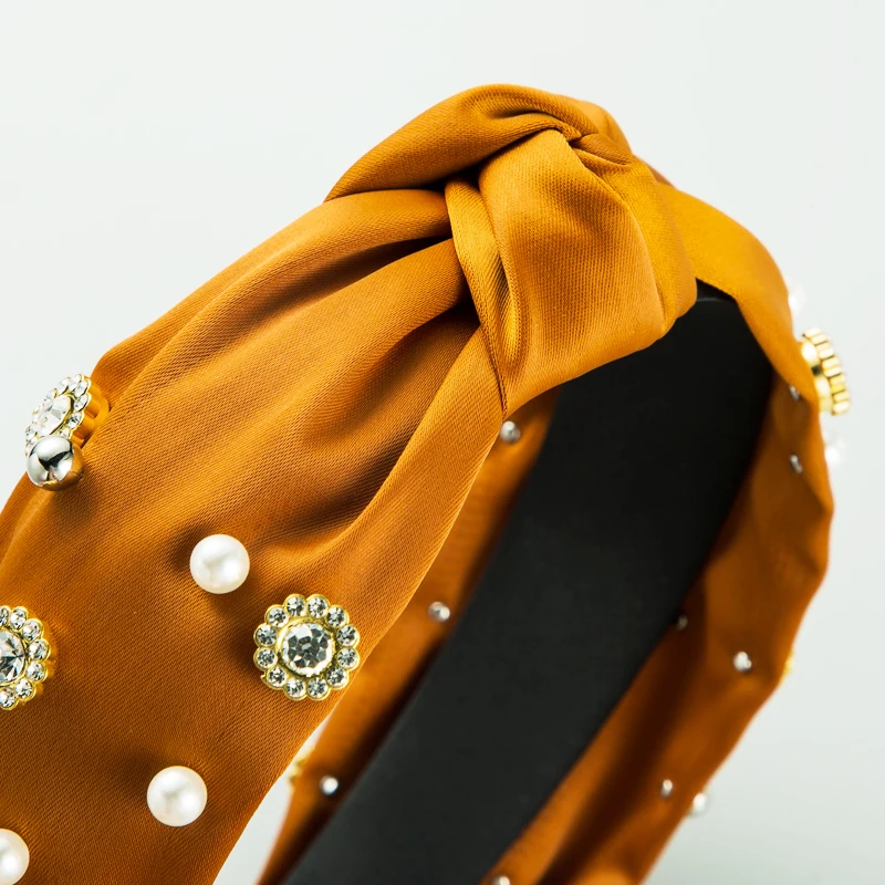 Korejský Elegantní Velký Bowknot Simulované Pearl Čelenka Vintage Jiskřivý Drahokamu Čalouněný Jednobarevné Tkaniny Čelenka Dívka Vlasy Hoop 3
