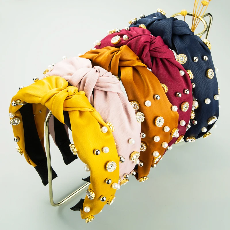 Korejský Elegantní Velký Bowknot Simulované Pearl Čelenka Vintage Jiskřivý Drahokamu Čalouněný Jednobarevné Tkaniny Čelenka Dívka Vlasy Hoop 5