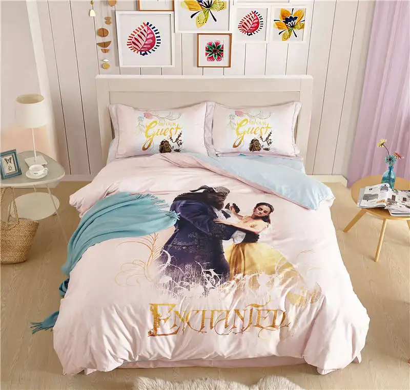 Kráska a zvíře ložní prádlo set queen size postel povlečení pro holky postele peřinu bavlněné přehozy pár ložnice dekor DISNEY 3d oddělenými postelemi 4